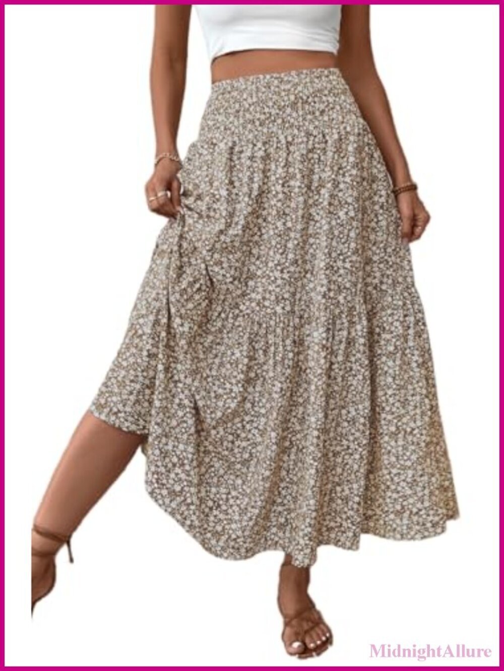 Smocked High Waist Maxi Skirt Casual Boho Long Skirt with Pockets